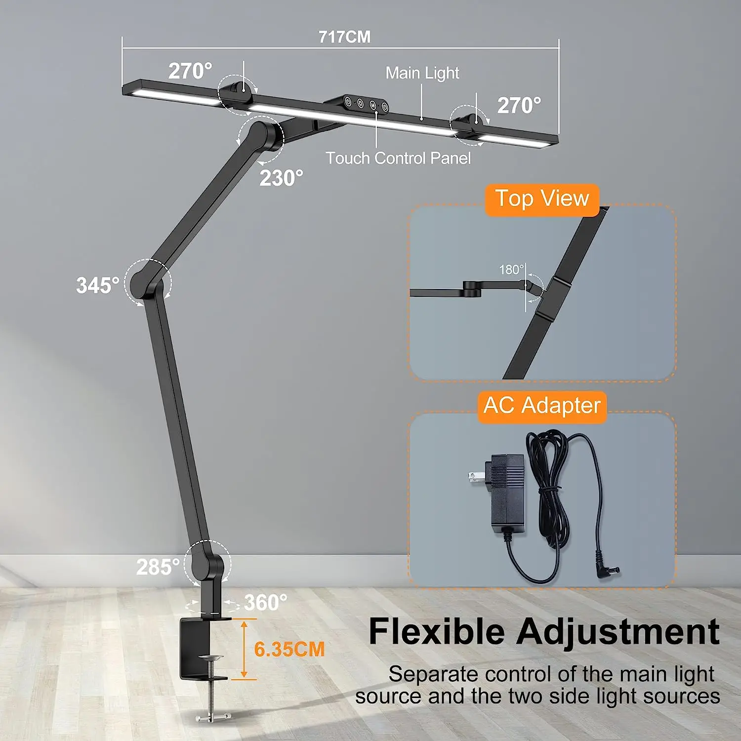 KableRika Lampe Bureau LED 24W Double Tête Métal 80cm - Lampe Architecte Réglable