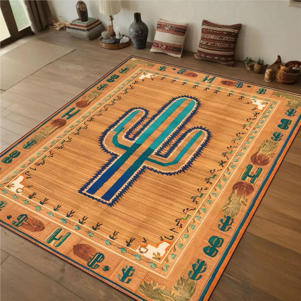 Boho Cactus Print Southwestern Style Area Rug Turquoise Desert Floor Mat for Western Themed Decor