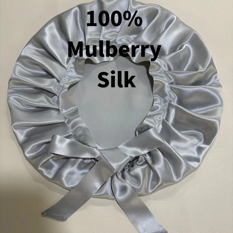 

Woman Girls 22mm silk nightcap 100% mulberry silk hair care caps pleated tie postpartum Bonnt Hats With bow decoration