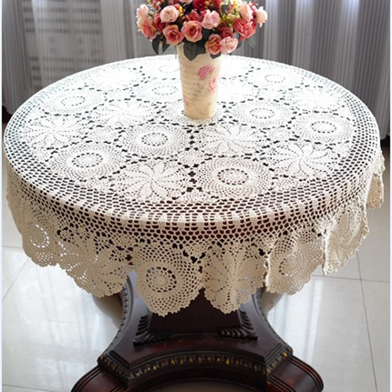 Round Crochet Table Cloth Handmade Lace Tablecloth Vintage Hand Tablecloth Crochet White Beige Color