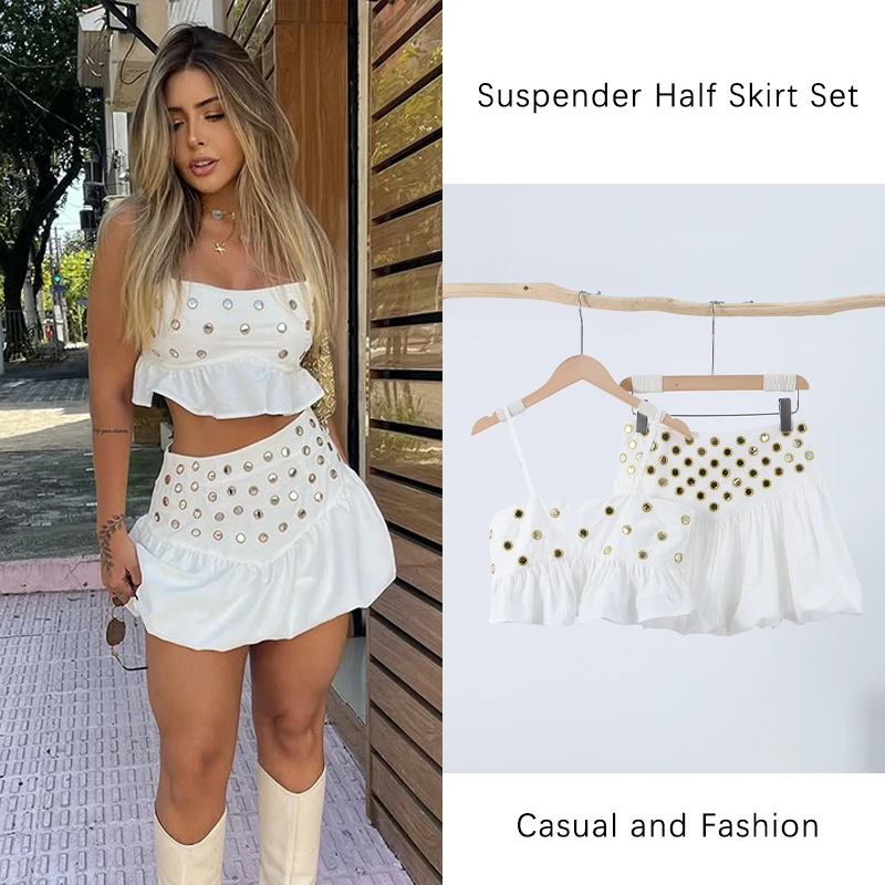 

Hollow Out Crop Tank Pleated Skirt Sets Women Ring Bead Strap Sleeveless Backless Vest A-line Skrits Suits 2025 Spring Street