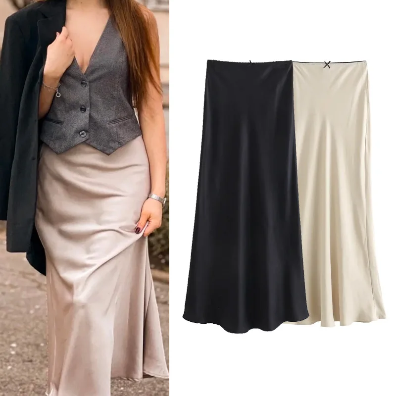 

TRAF Satin Women Midi Skirt Bow Folds Lady Skirt 2024 Spring Summer Autumn Fashion Elegant Vintage Evening Women Clothing