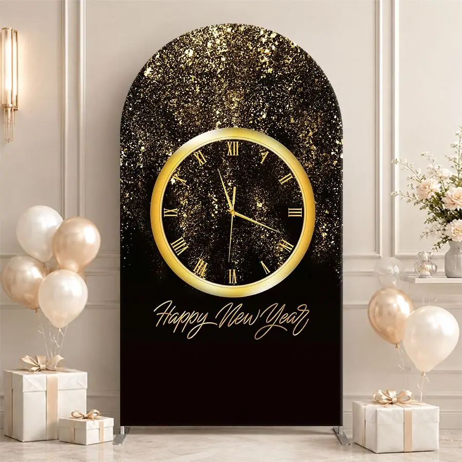 Happy New Year Gold Clock Arch Backdrop Cover Party Backdrop Fabric Cover Birthday Party BabyShower Photo Background Decoration