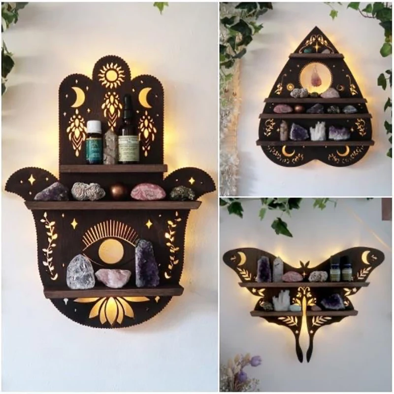 Luna Moth Lamp Crystal Shelf Oil Storage Rack Butterfly Wooden Wall Display Decor Wall Mount Living Room Home Organizer Shelf