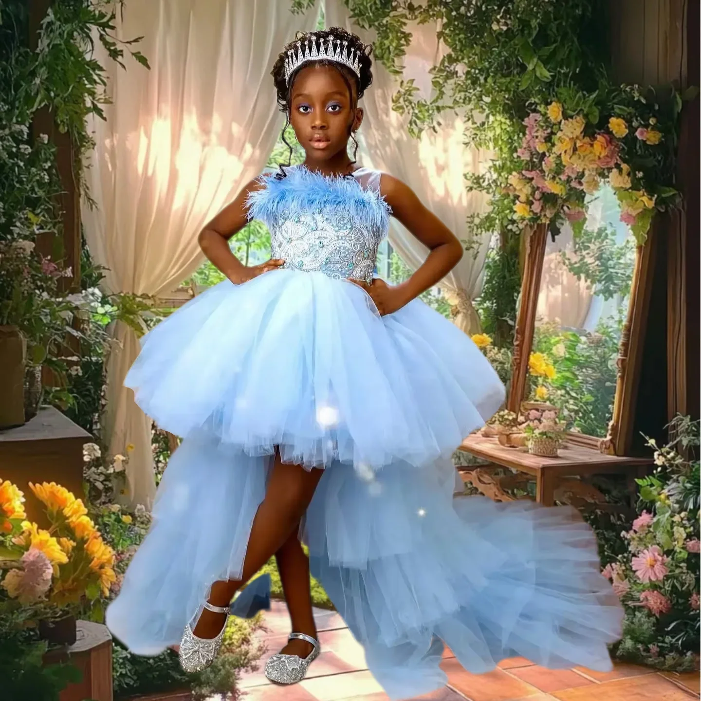 

Gorgeous Girl Princess Flower Girl Dress Assymetrical Blue DemolitionWedding Party Lace Printing Trailing Appliqué Dresses