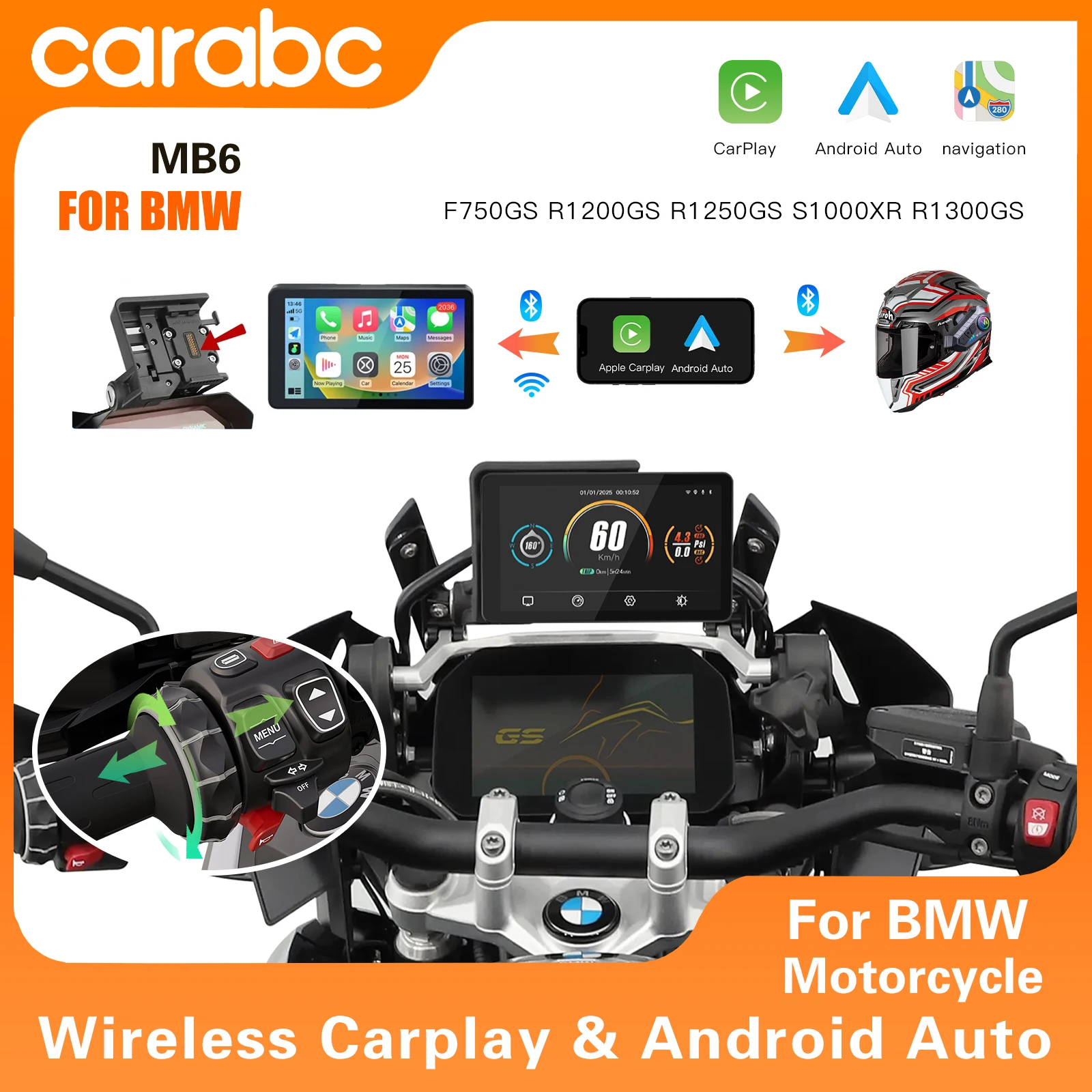 

CARABC 6"MB6 CarPlay Android Auto for BMW Motorcycle XR M1000 R1200GS R1250GS S1000XR R1300GS GPS Portable Motorcycle Navigator