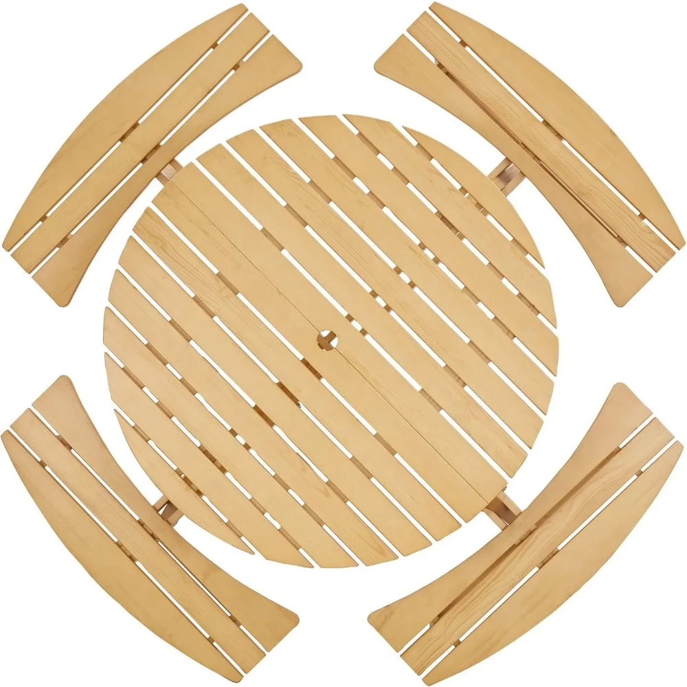 8-местный деревянный стол для пикника, круглый стол для пикника на открытом воздухе с 4 встроенными скамейками, отверстием для зонта, внешним столом и скамейкой для P