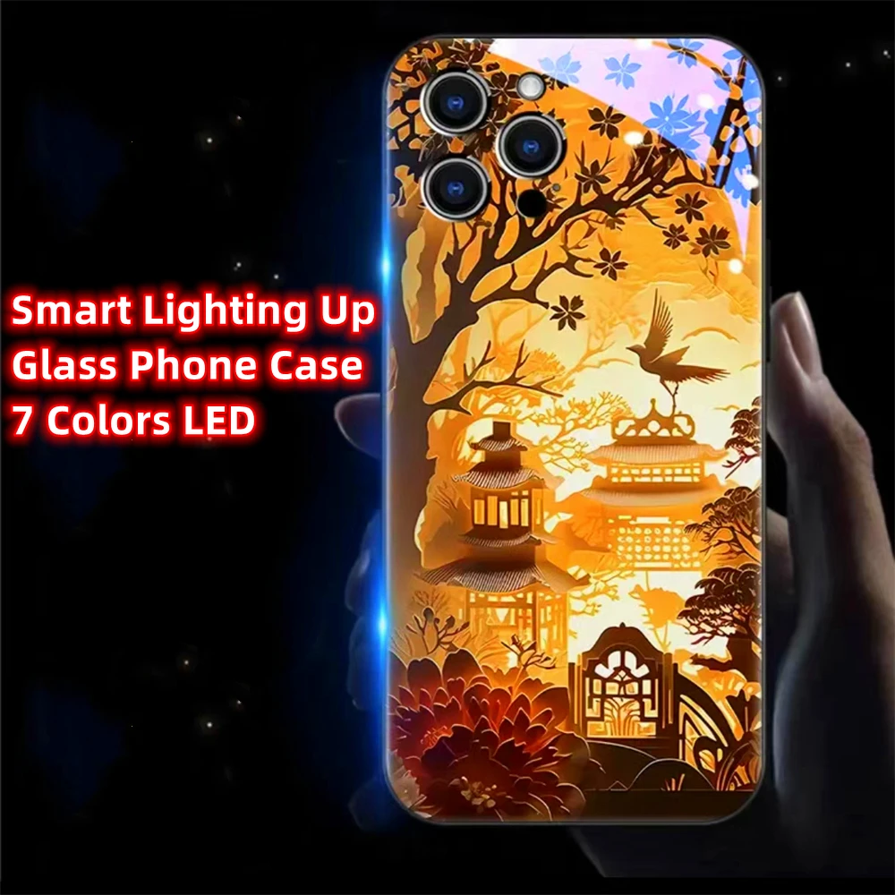 

Glowing Silhouette Pavilions Luminous Phone Case LED Light Glass Cover For iPhone 15 14 13 12 11 Pro Max X XR XS Plus SE2020