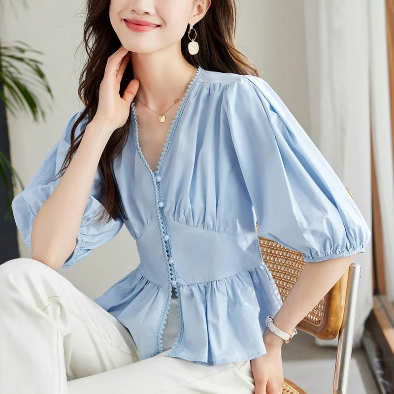 

Blue Cotton irt Women's ort Sve V-Ne Summer New Design ort Sle Commute Wind Small Size Top Fem Faion