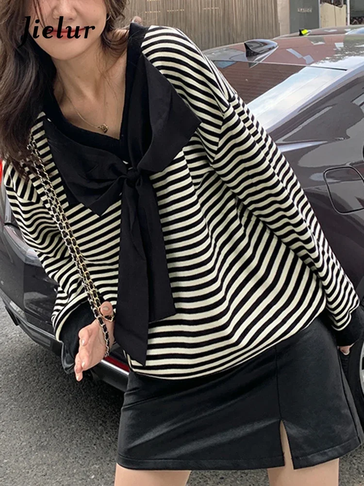 Jielur Spell Color Black White Striped Hoodies Women Fashion New Loose Bowtie Top Female Sweatshirt Lady High Street M-XL