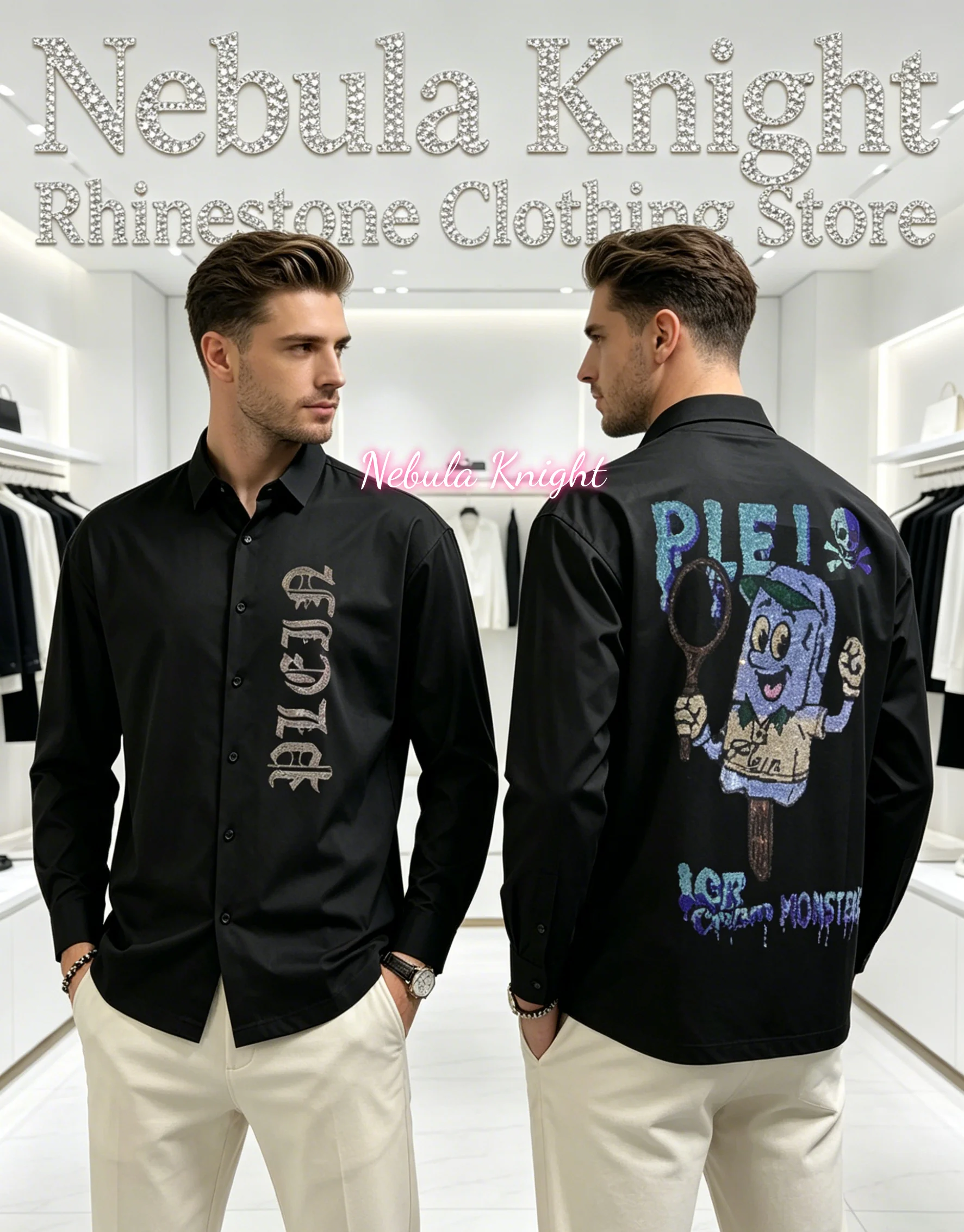 Luxury Men's Black Rhinestone Skull Pattern Button down Shirt Long Sleeve Slim Fit Casual Business High Street Daily Top