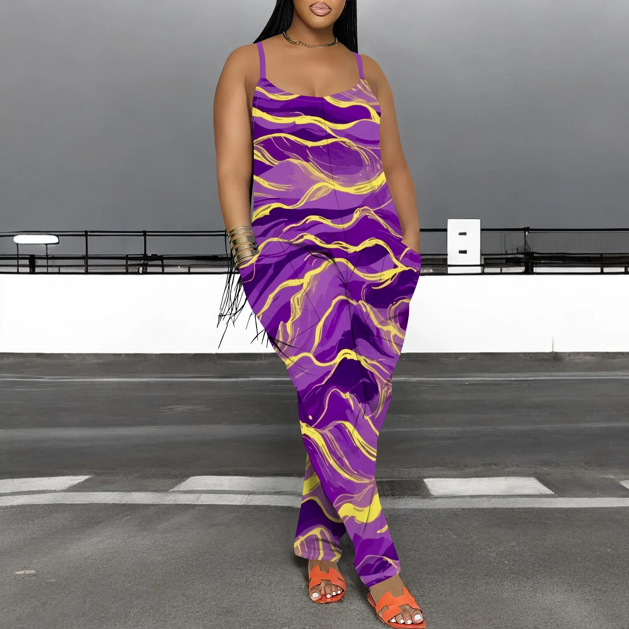 

Abstract Marble Swirl Print Jumpsuit for Women Sleeveless Strappy Holiday Style