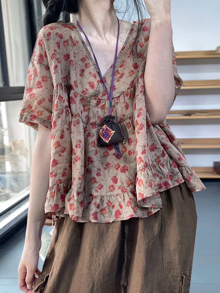 

Retro Japanese Sle V-ne Floral Linen irt Women's Anti-aging Doll irt Casual Commute Sle Five-quarter Sve Loose Fit