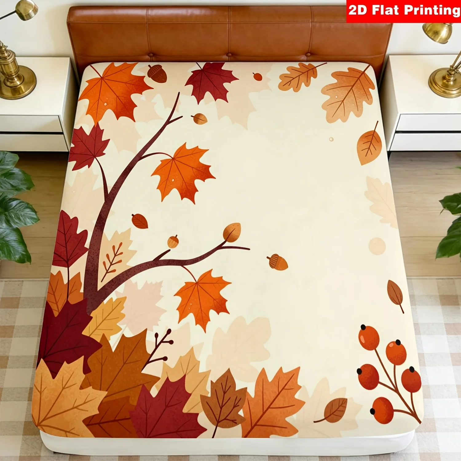 Autumn Maple Leaf Pattern, Orange-Red Bedding, Harvest Festival, Thanksgiving, 3-Piece Bedding Set (Includes 1 Fitted Sheet + 2 Pillowcases), 3-Piece Set, Large Deep-Pocket 2D Printed Fitted Sheet and 2 Pillowcases, Mattress Protector, Fitted Sheet Style, Protective Cover, Mattress Protector, Suitable for All Seasons, Machine Washable Design, Holiday Decoration, Various Sizes, Breathable Protective Cover Plus Pillowcase
