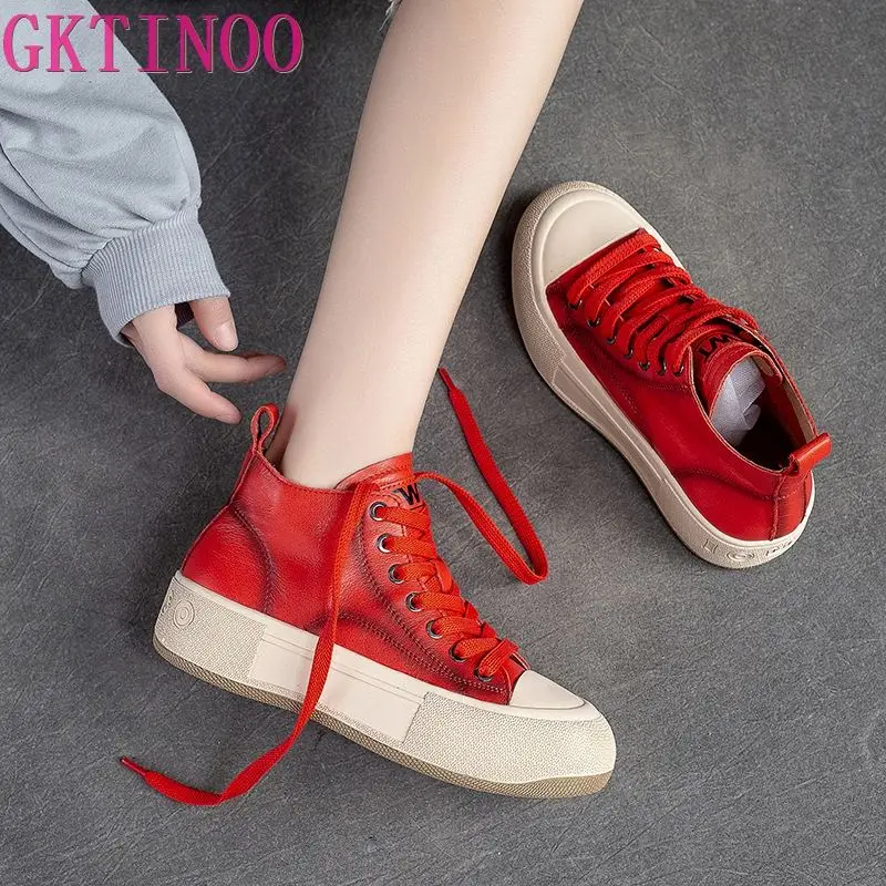 GKTINOO Spring Autum High Top Women Sneakers Genuine Leather Lace-Up Casual Shoes Handmade Concise Platform Sneakers