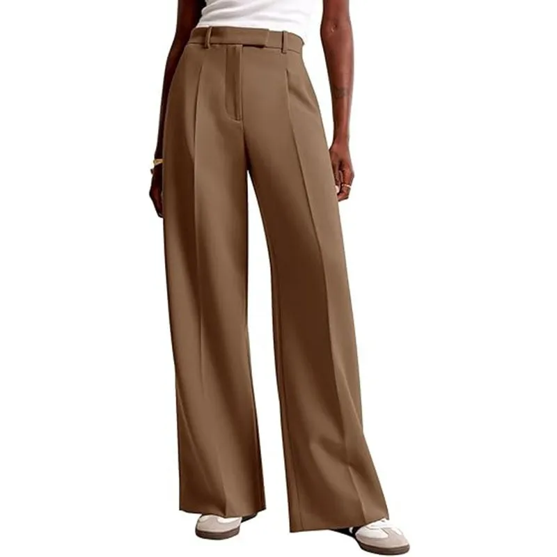 Summer Women Pants High Waist Straight Cut Pleated Front Solid Color Beige Navy Blue Wide Leg Full Length Office Trousers