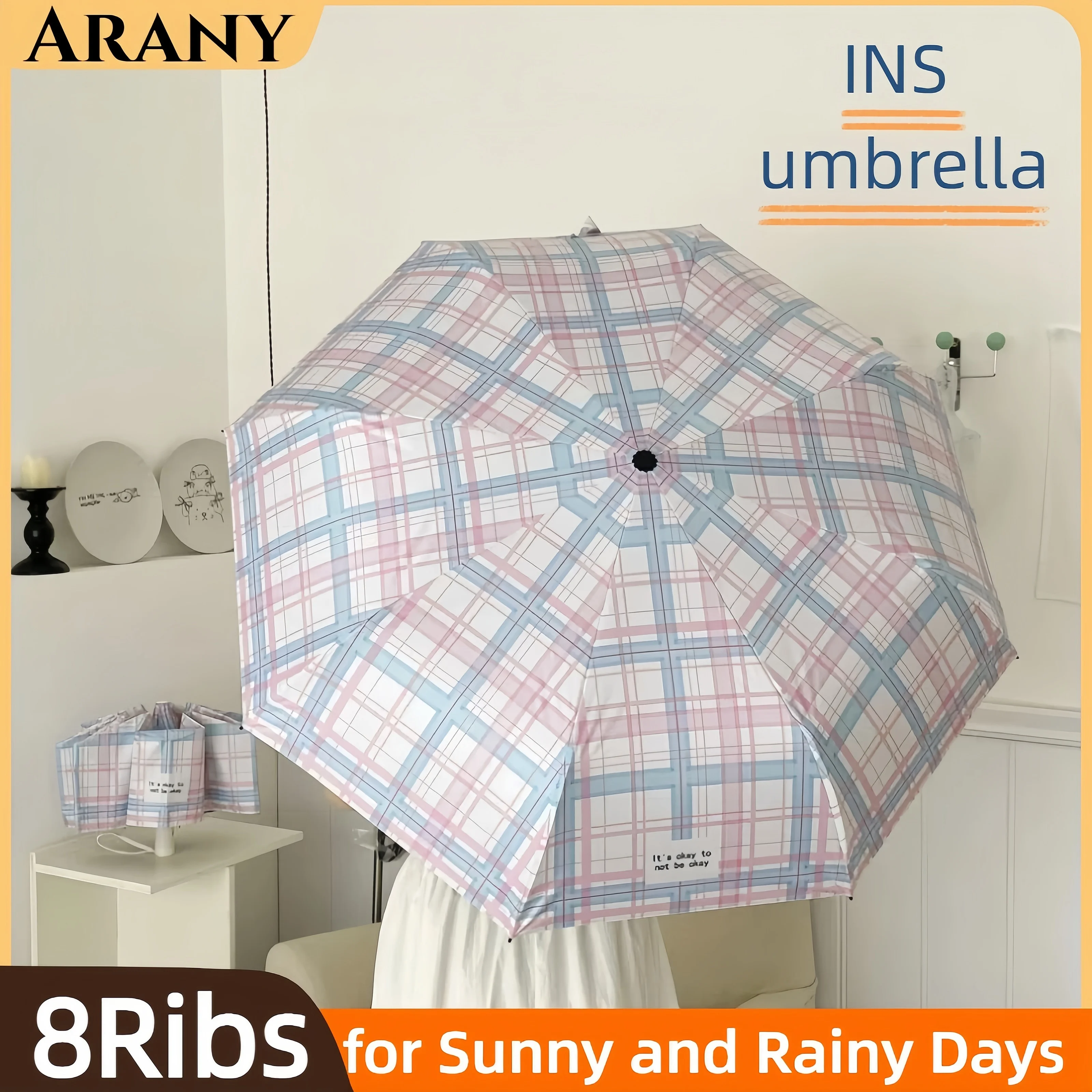 

ARANY Checkered 3folding Sun Umbrella Automatic UV Sunny and Rainy Dual-purpose Sun Protection Shading Fully Automatic Umbrellas