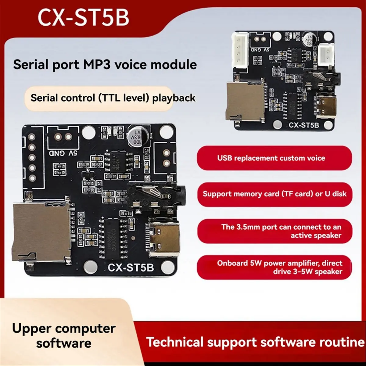 -ST5B Serial Port MP3 Voice Chip Module Voice Broadcast Custom Audio Module Single Chip Control Triggers Audio Kit