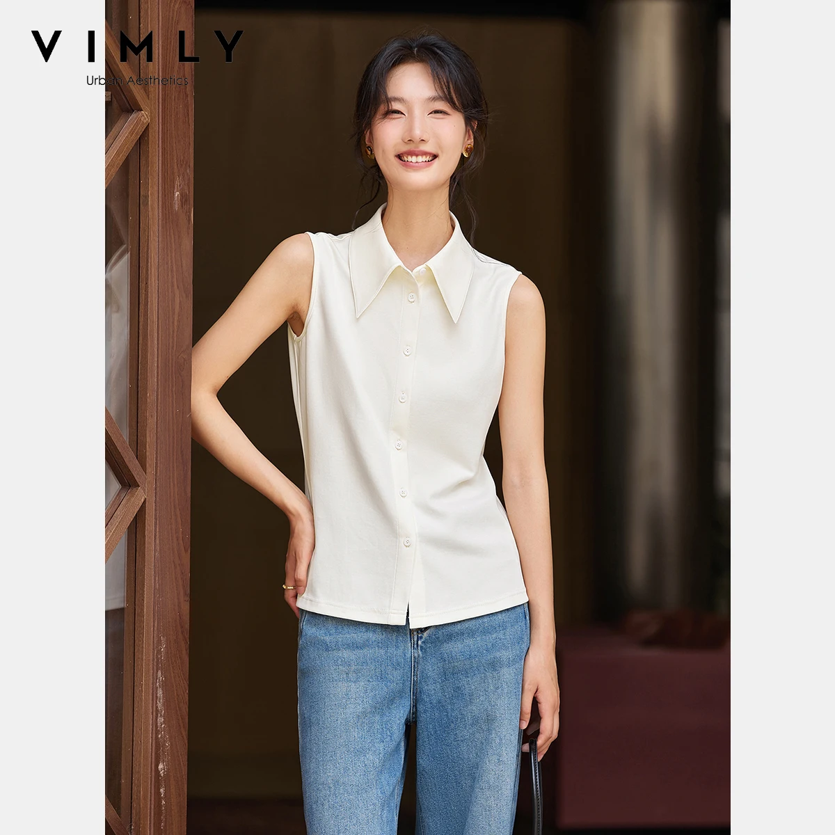 

VIMLY Women Casual Sleeveless Shirt 2025 Apricot Turn-down Collar Button Female Shirts Straight Office Wear Ladies Blouse A2871