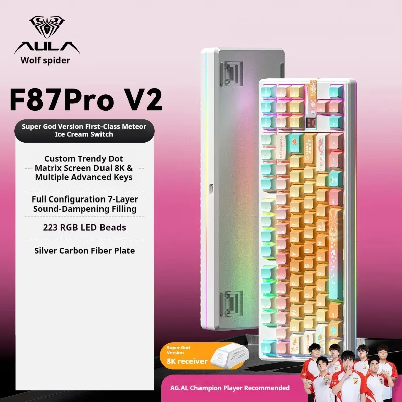 

Механическая клавиатура AULA F87Pro V2, трехрежимная стабилизация, беспроводная RGB, 8000 мАч, аксессуары для ПК, геймеров, прокладка из ПБТ, игровая клавиатура Mac