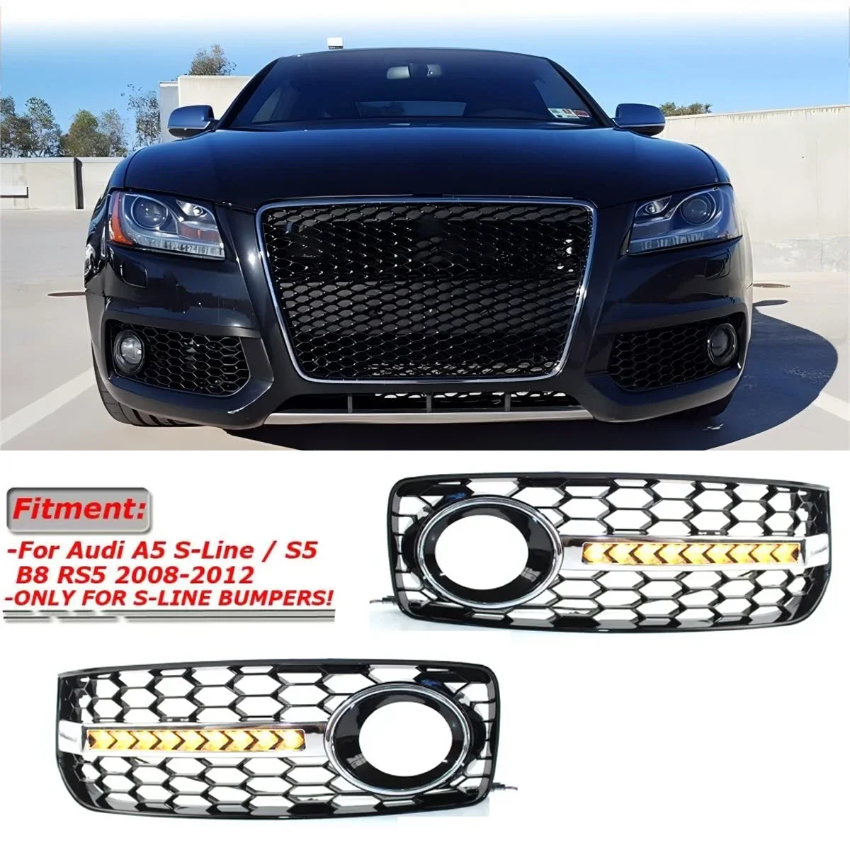 

Car Left Right Bumper Fog Light Lower Grille Grill Cover For Audi A5 S Line S5 B8 RS5 2008-2012 Honeycomb Hex With DRL LED Lamps