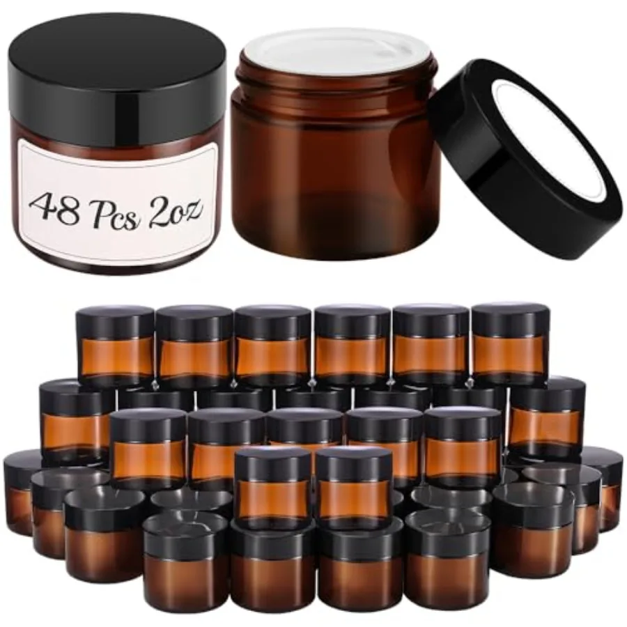 Frascos de Vidro de 2 oz com Tampas, 48 Peças, Pequenos Frascos de Vidro para Velas com Tampas, Etiquetas Brancas e Forros Internos, Recipientes Cosméticos Redondos Vazios