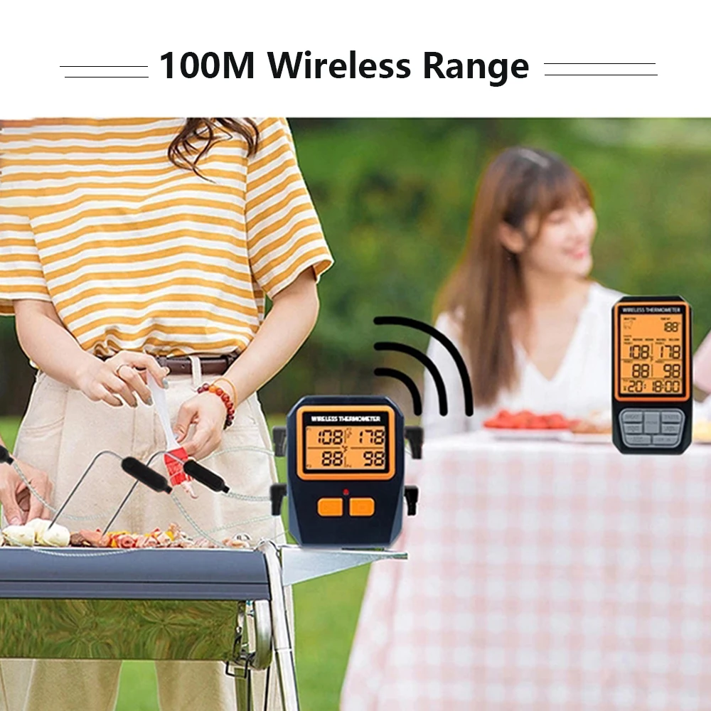 YouMI 4 Probes Backlight LCD Display 100M Wireless Range Digital Kitchen Cooking BBQ Oven Meat Thermometer With Alarm Function