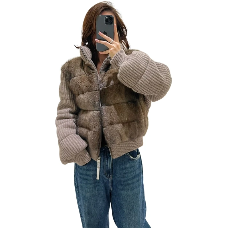 Autumn Winter  Goose down Suit Women\'s Short High-Grade Feeling down Jacket Spun Goose down Short down Jacket Stitching Mink Fur