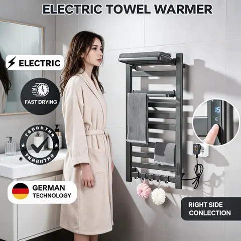 Electric Heated Towel Rack Black White Digital Display Temperature Time Control Wall Mounted Towel Warmer Rail for Bathroom