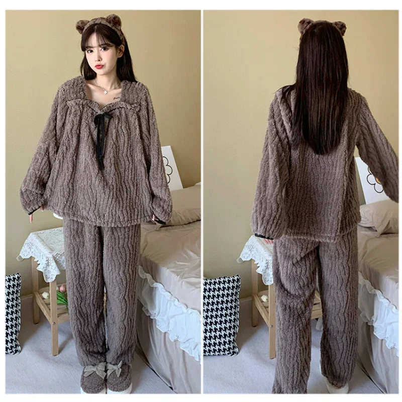 5XL Sweet Plush Pajamas Set Women Autumn Winter Warm Loungewear New Large Size Long Sleeve Flannel Homewear Can Be Worn Outside