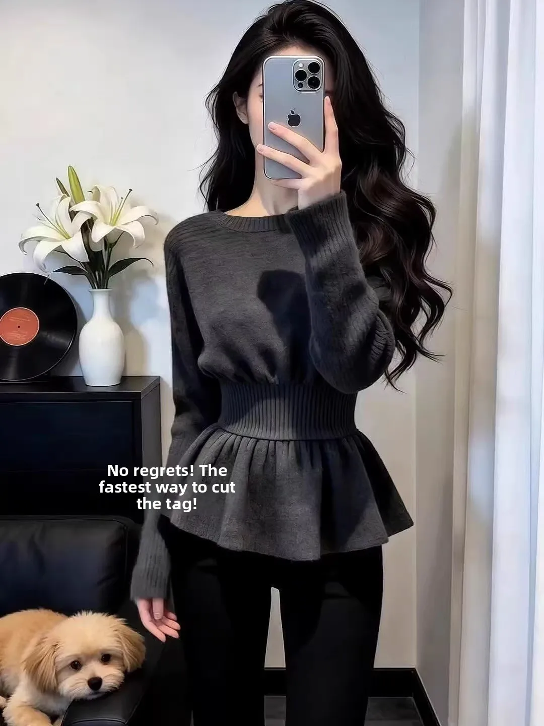 

Slimming Effect Knitted Top with Waist-Cinching And Lace Hem Long Sve Commute Sle Korean Series Soft Comfortable Winter ...