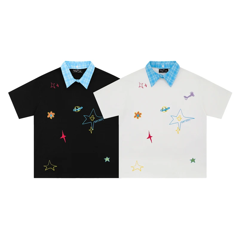

Detachable Shirt Plaid Collar Round Neck T-shirt Fun Colorful Pattern Printed Black White Short Sleeved Tops for Men Women