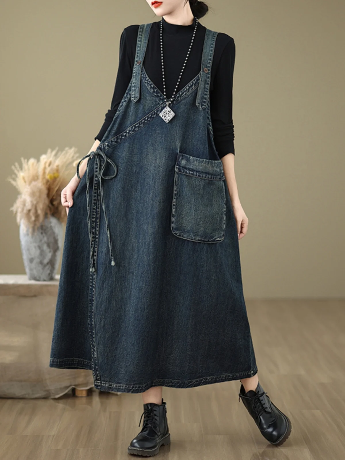 

Retro Patchwork Waed Denim Dr Large Size Women's Clothing Hides Meat Anti-Aging Long Strap Dres Artistic Commute Sl...