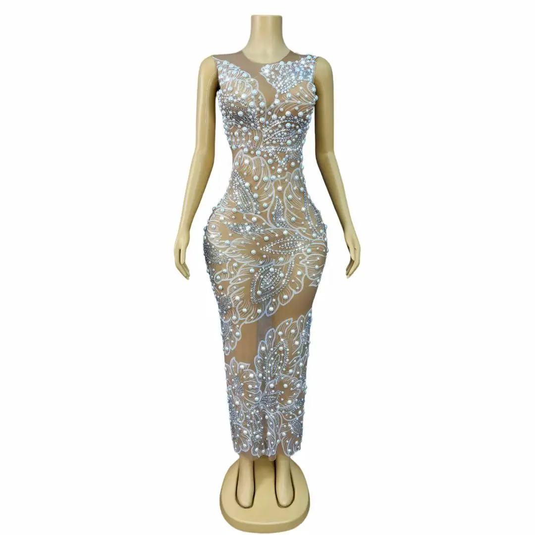 Frauen Luxus Prom Kleider Glänzenden Strass Perlen Mesh Lange Geburtstag Promi Abend Club Party Kleid Damen Bühne Kostüme