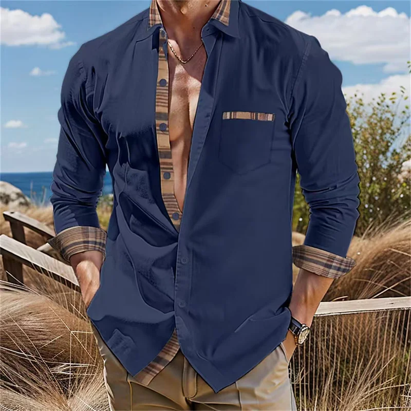 Camisa masculina de abotoar, lapela de manga comprida, tops de bolso confortáveis, plus size, monocromática, férias diárias, casual, novo, 2024