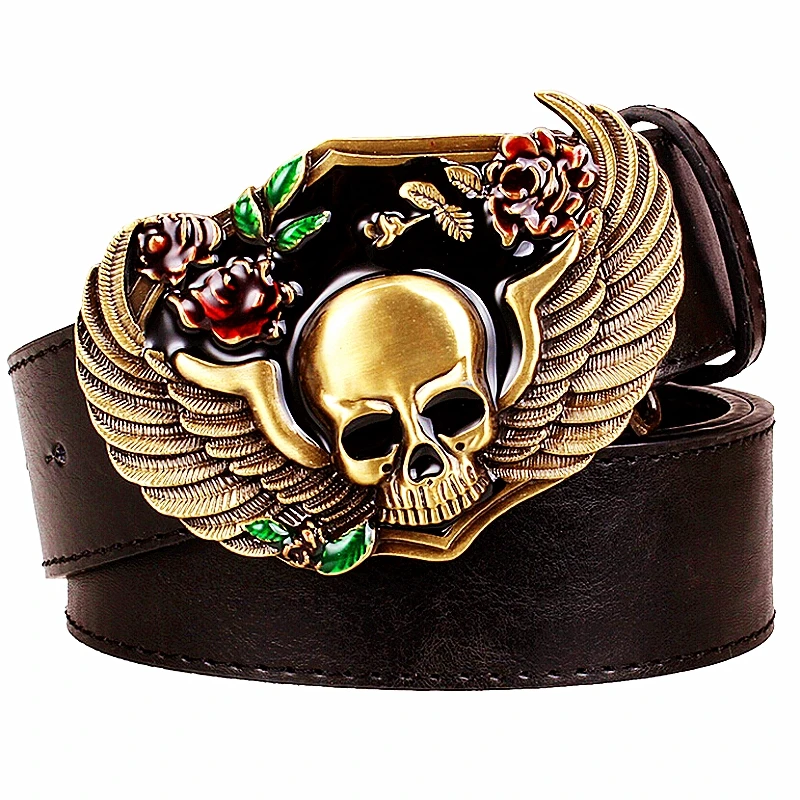 Cinturón de cuero con hebilla de Metal para mujer, cinturilla decorativa con diseño de calavera rosa, cabeza de esqueleto de Metal pesado, estilo Rock