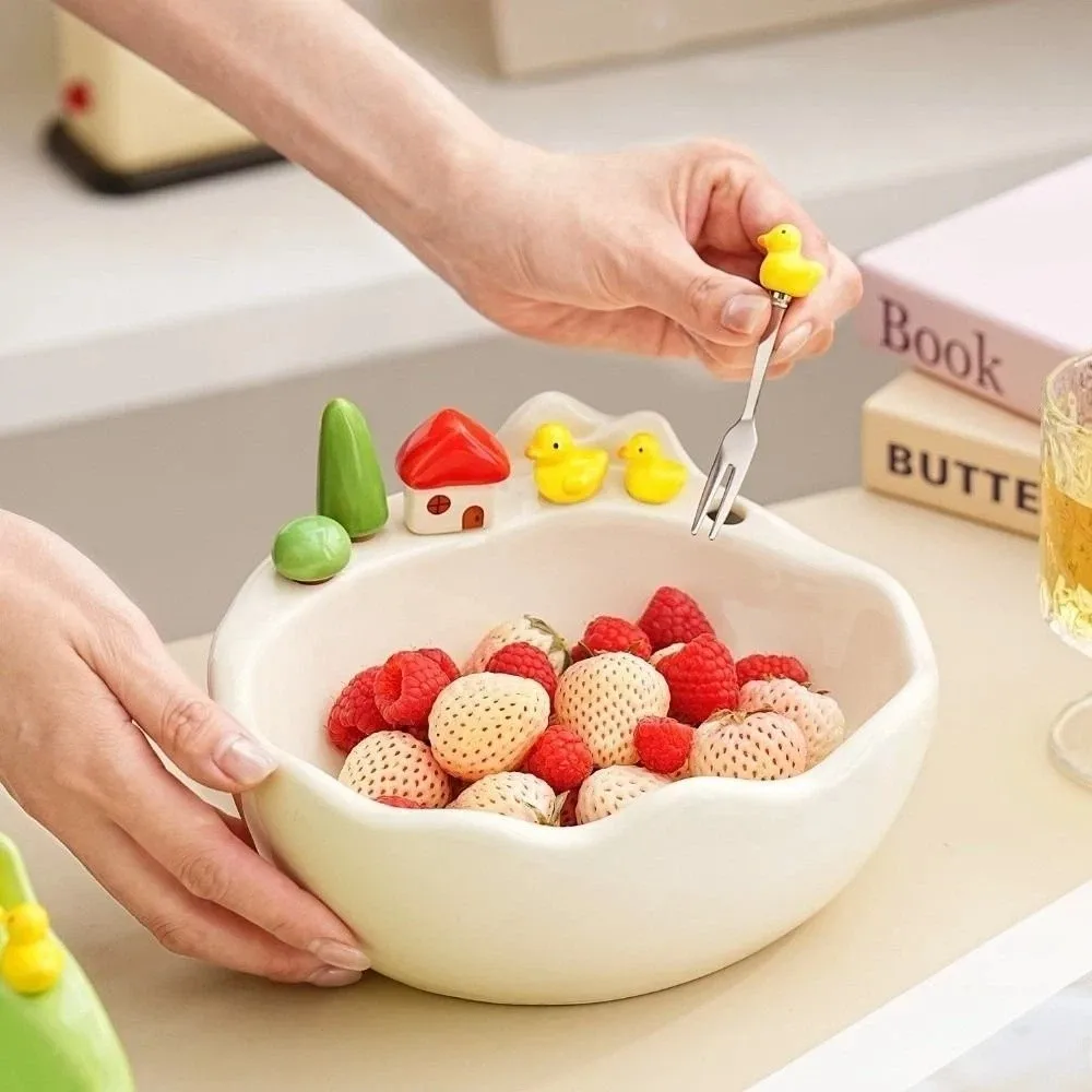 

Cartoon Fruit Bowl with Fork Ceramic Decoration Fruit Serving Plate Large Capacity Stainless Steel Fork Fruit Storage Tray