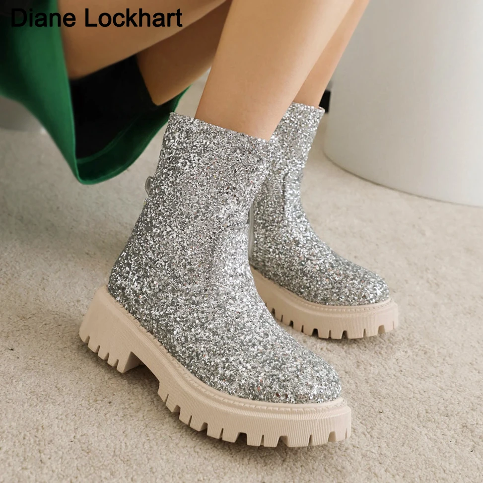 Women Chelsea Boots Shiny Sequined Cloth 2025 Autumn Winter Trend Thick-soled Women Ankle Boots All-match Marton Boots Ladies