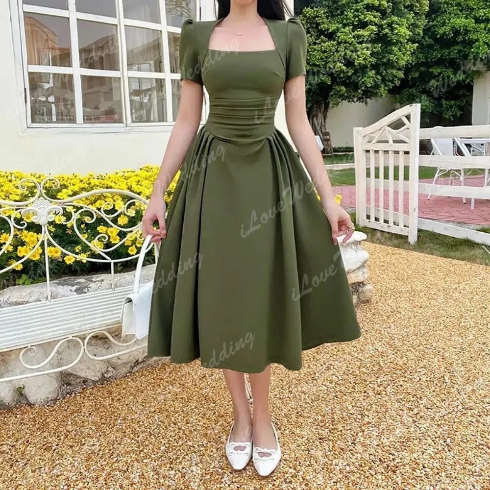 Customized Simple Cocktail Dresses Elegant Prom Dress 2025 Women Square Neck Chic French Design Slim Waist Retro Green Dresses
