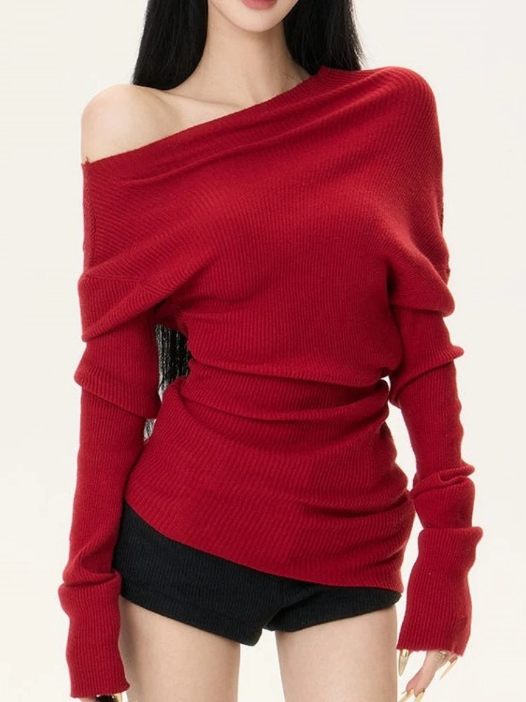 

Harajuku Sexy Irregular Slash Neck Solid Sweaters Grunge Vintage Women Bodycon Pullovers Y2k Aesthetic Autumn Knitted Jumper