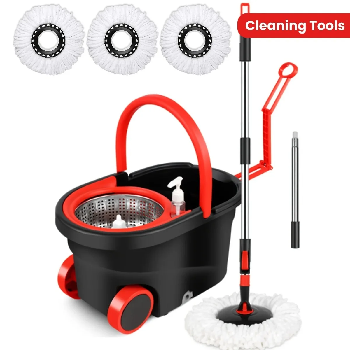 

Heavy-Duty Spin Mop System: Rolling Bucket with Wringer, Stainless Steel Pole & 3 Reusable Microfiber Pads (360° Rotation)