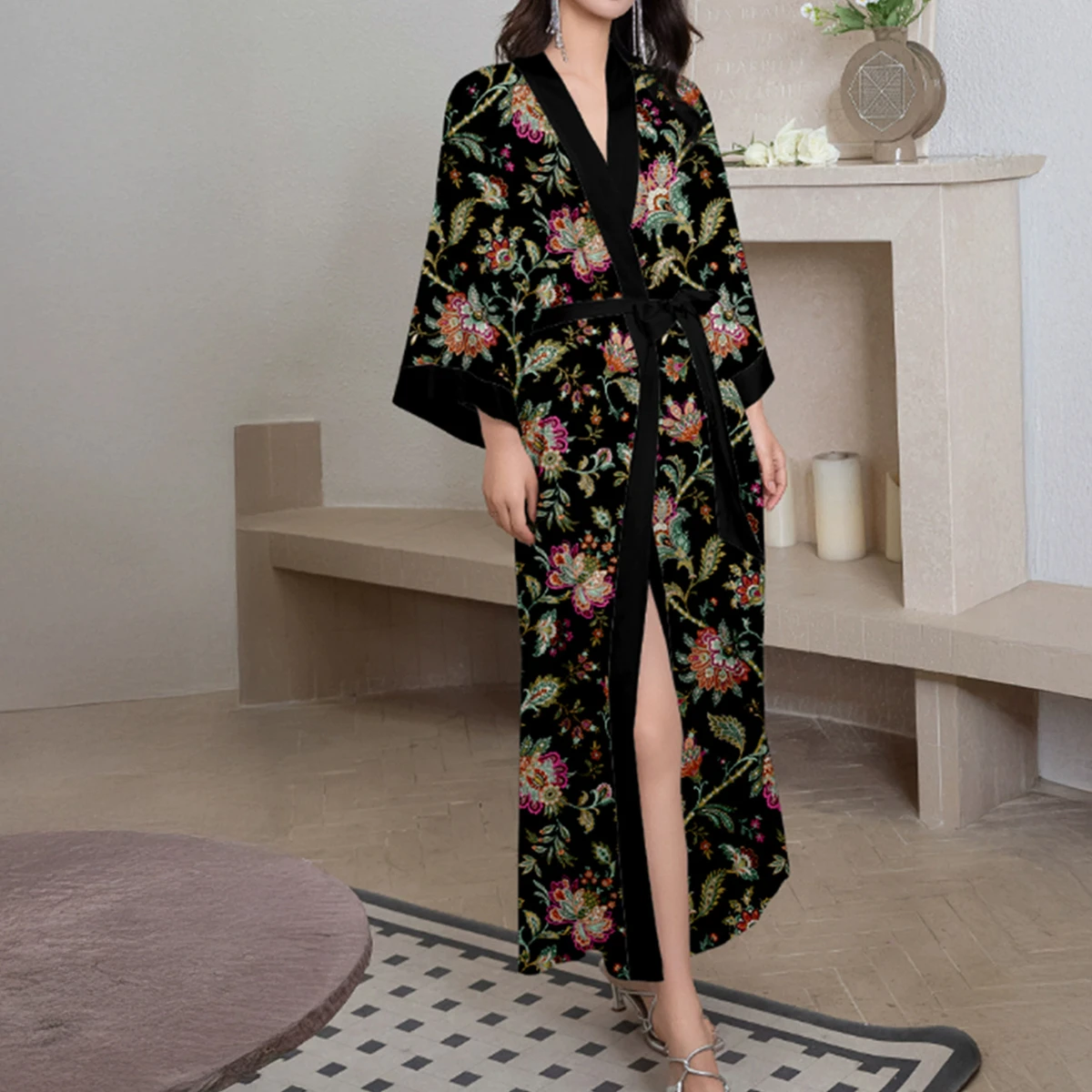 

Luxury Silky Satin Wedding Robe Women's Flower Print Long Bathrobe Kimono Dressing Gown Sleepwear Loose Home Dress Nightgown
