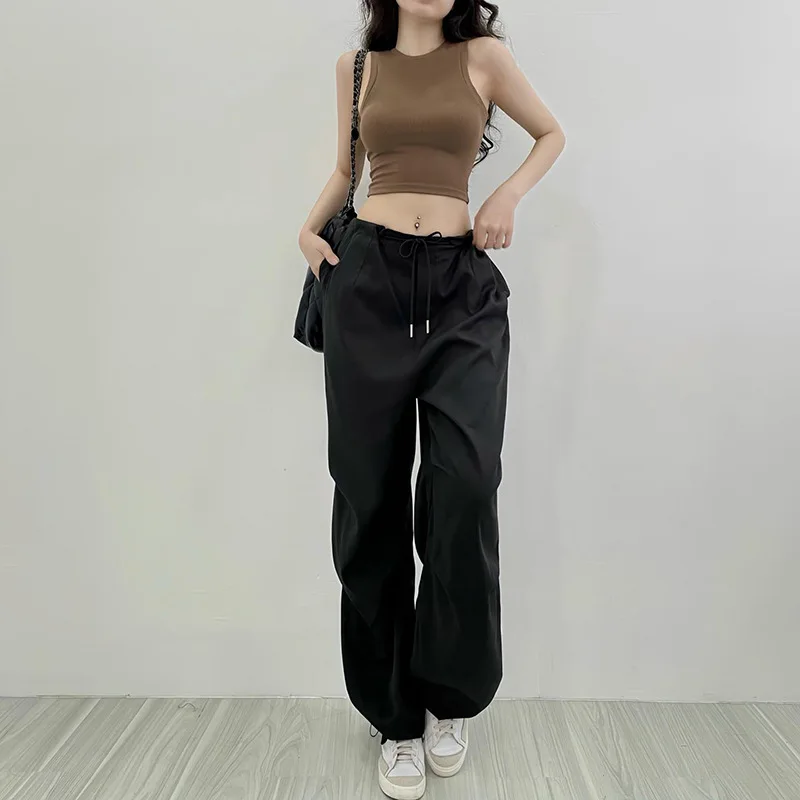 InstaLike Y2K Casual Sports Cargo Pants Punk Women High Street Pleated Drawstring Loose Straight Harajuku Sweatpants Streetwear