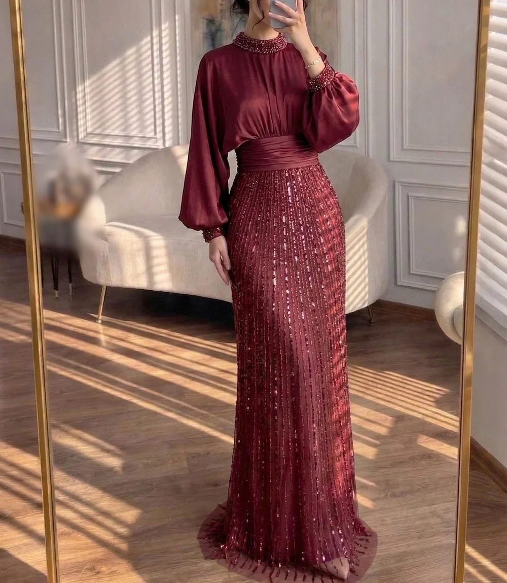 Customized Exquisite High Collar Sparkle Evening Dress A-line Long Dresses Luxury Wedding Party Dress