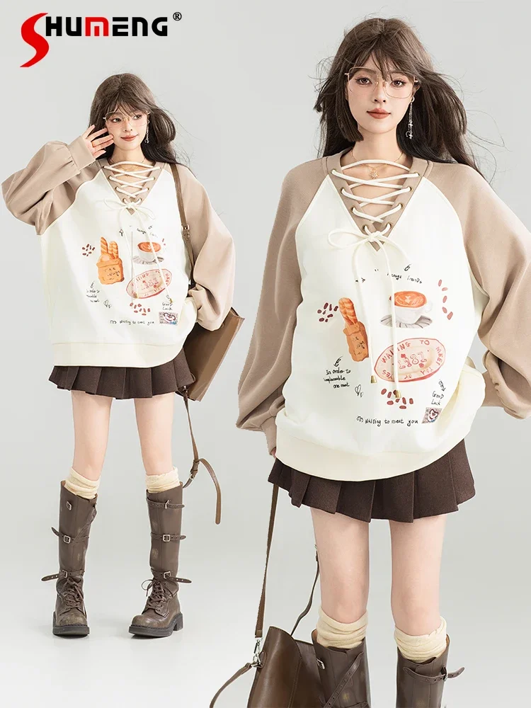 

American Fashion Highstreet Sweet Cool Girl Lace-up V-neck Long Sleeve Print Casual Loose Pullover Sweatshirts Women 2025 Spring