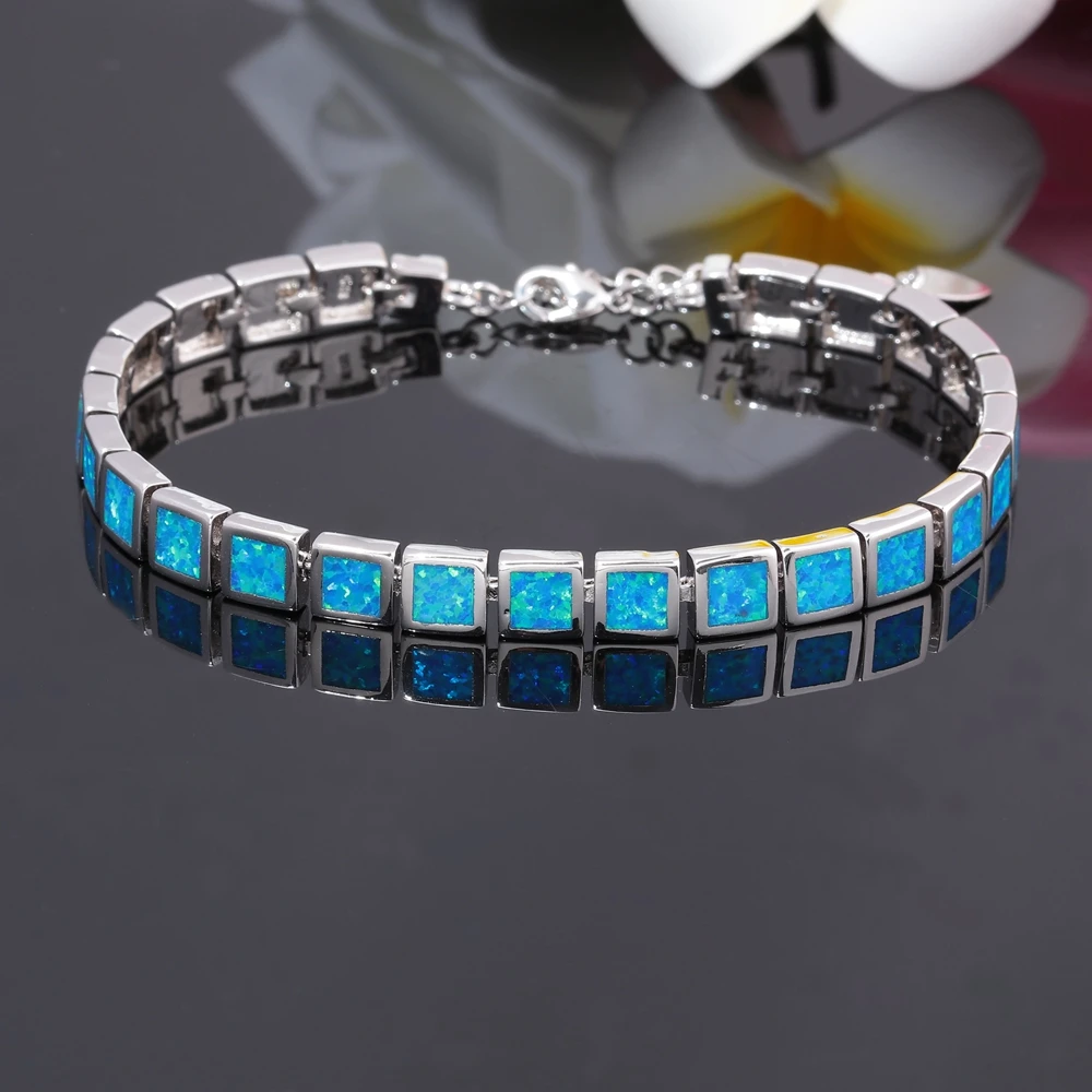 CiNily Blue & White Fire Opal Stone Wide Chain Link Bracelets & Bangles Silver Plated Metal Square Luxury Jewelry Woman Girl