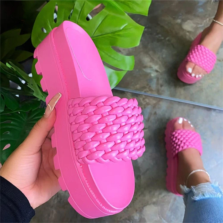 Vrouwen Plateau Weave Slippers Dikke Zool Zomer Strandglijbanen Badkamer Slipper Sandalen