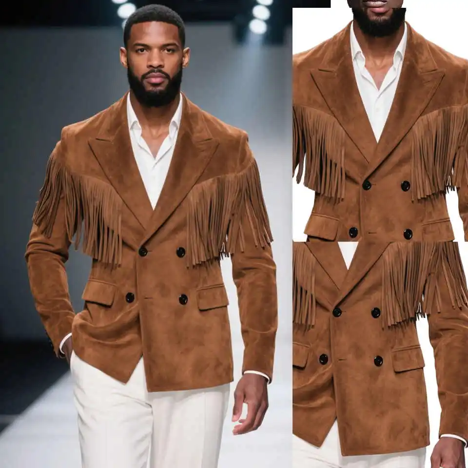 

Современные мужские костюмы, комплект из двух предметов, замшевые куртки, двубортные свободные пальто с остроконечными лацканами и кисточками, осенние на заказ для особых случаев