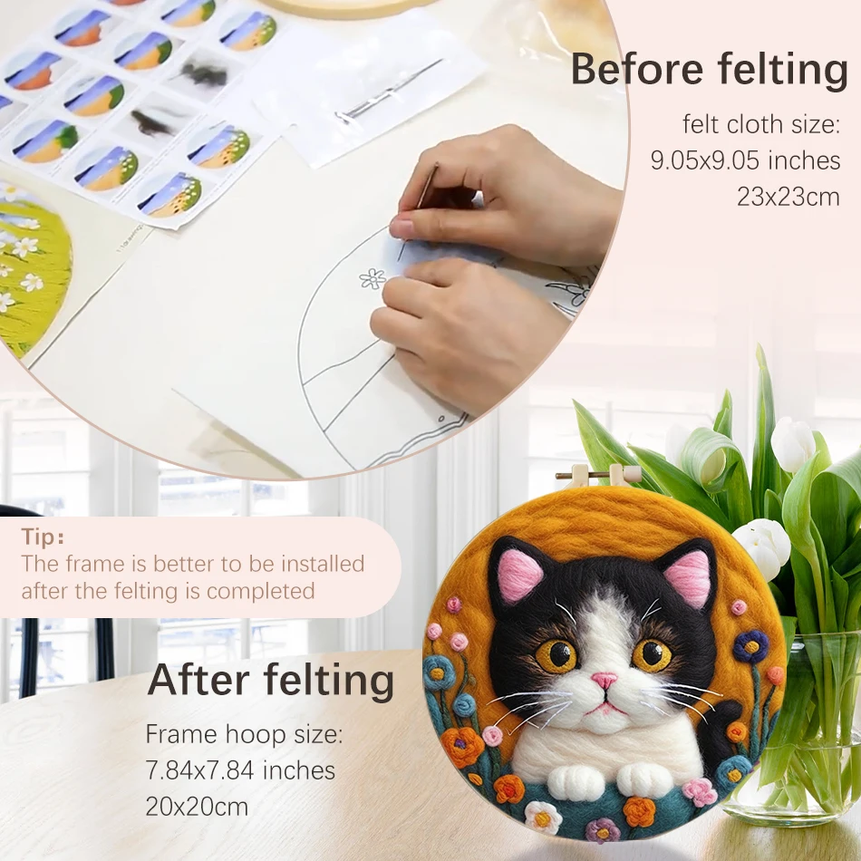 CHENISTORY Diy Felt Kit Wool Felting Painting With Frame Animal Cat Wool Needle Felt Picture Kit Felt Craft New Gift 20x20cm