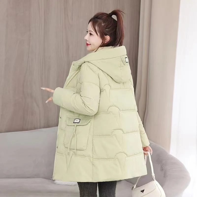 2024Winter Long Down Coat Women Parkas New Korean Warm Cotton Padded Coat Western Style Outerwear Fashion Hooded Overcoat Female